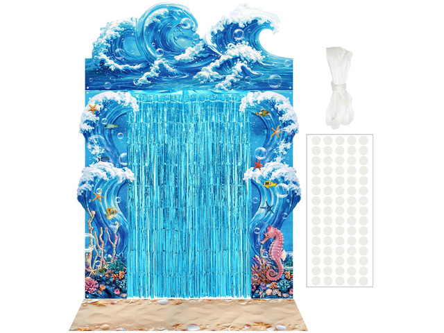 7 Pcs Ocean Beach Backdrop Party Foil Fringe Curtain Under the Sea Theme Decorations, Ocean Waves 3D Backdrop, Shimmer Curtain for Birthday Photo...