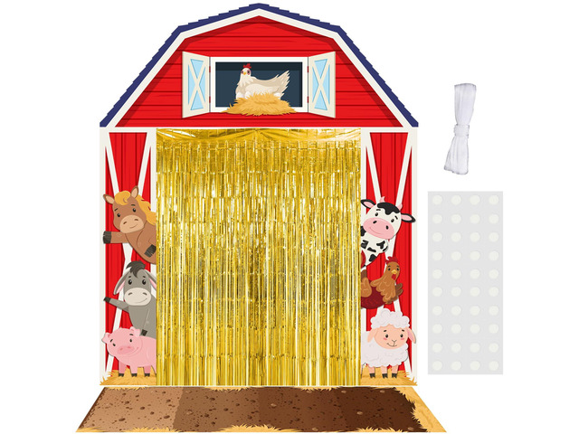 7 Pcs Farm Theme Party Decorations Awning Banner Rug Backdrop Barnyard Birthday Decor, Yellow Striped Awning, Gold Foil Fringe Curtains, Woven...