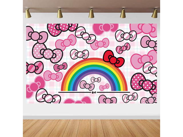 Pink Bow and Rainbow Photo Backdrop - 5.9x3.6ft Anime Hello Cat Birthday Party Banner for Girls Party Theme Supplies(180x110cm)