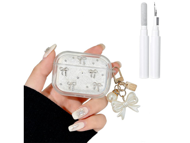 for AirPods Pro 2 Clear Glitter Cute Case with Cleaner Kit Kawaii Silver Bowknot Design with Lovely Bow Pearl Chain Protective Cover Compatible...