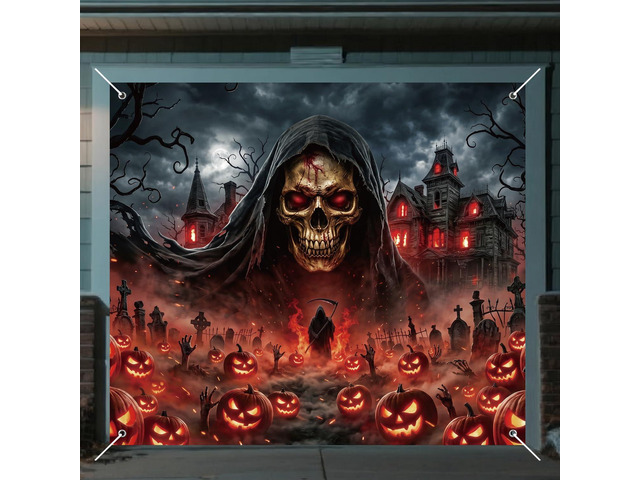 Grim Reaper Halloween Garage Door Cover 7x8 FT Decorations Spooky Garage Door Banner, Rope and Grommet Easy Mount, High Quality, Death Figure...