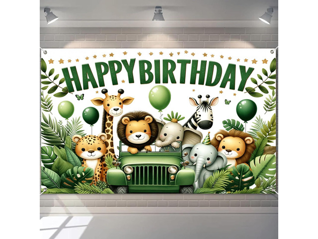 Forest Animal Polyester Birthday Banner 71x43 Inch Decor Polyester, Green Safari Theme, Happy Birthday Backdrop Banner for Room, Wall