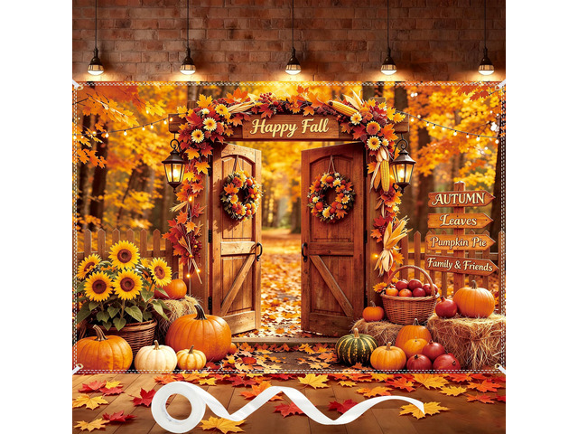 Fall Photo Backdrop 10×6.5ft, Thanksgiving Day Party Scene Photo Background with 100 Pcs 3.1 Inch Red & Yellow Artificial Maple Leaves for Autumn...