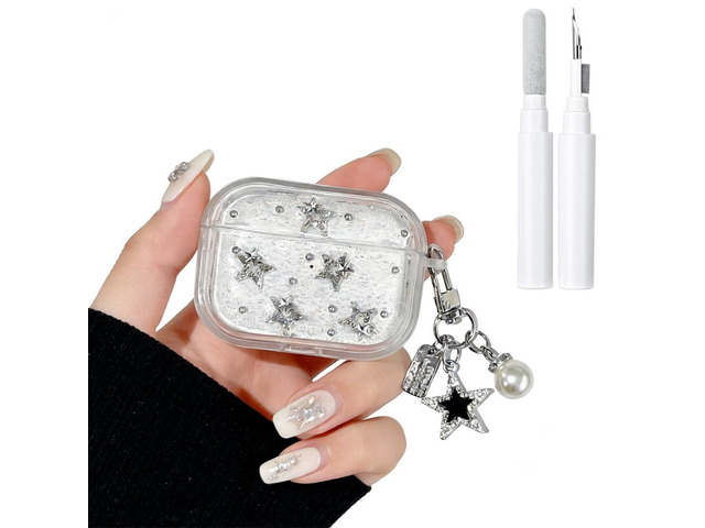 for AirPods 4 Clear Glitter Cute Case with Cleaner Kit Kawaii Star Design with Lovely Star Pearl Chain Protective Cover Compatible with Airpods...