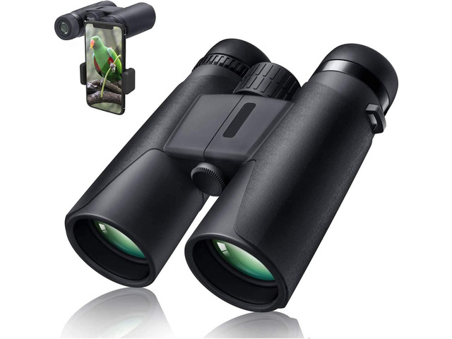 10X42 Professional Binoculars with Smartphone Adapter, Compact Waterproof Low Night Vision Binoculars for Adult Birds Watching Hunting Concert Travel