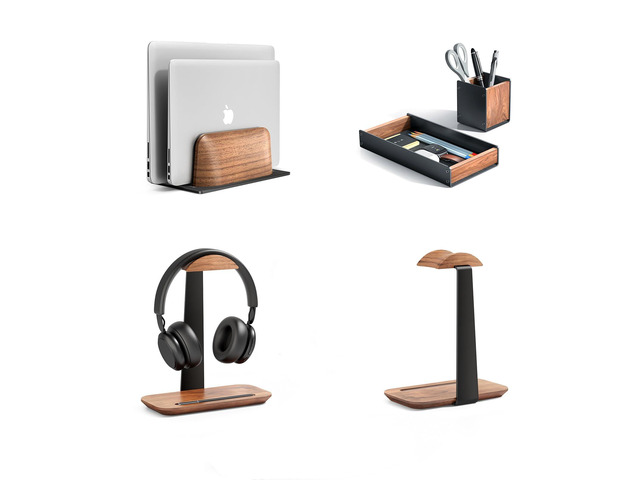 Vertical Laptop Stand Holder, Wood Headphone Stand, Desk Organizer with Pen Holder