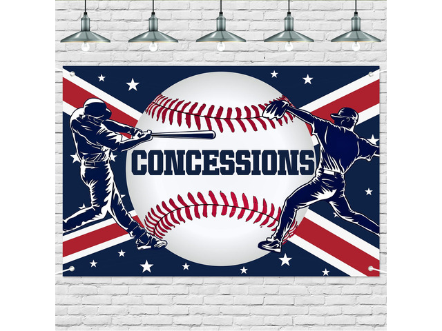 Happy Birthday Baseball Backdrop - Catcher Pitcher & Concessions Theme with Red Blue Design for Snack Stand Celebration, Battery Mates Party,...