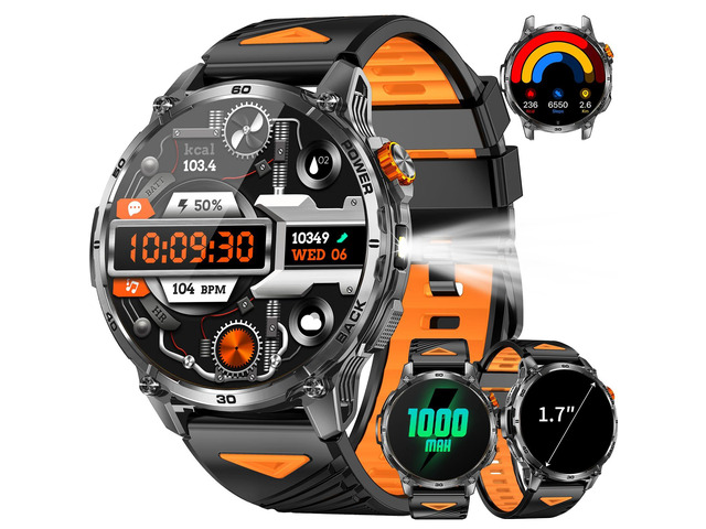 Military Smart Watches for Men with 1000mAH Battery, 1.7' HD Sports Smartwatch with Flashlight/Bluetooth Call/Heart Rate/SpO2/Sleep Monitor,...