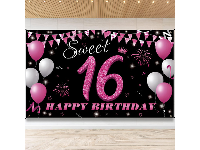Sweet 16 Birthday Decorations Backdrop Banner, Sweet Sixteen Decorations for Girls, 16th Birthday Photo Booth Props, Hot Pink 16 Birthday Party...