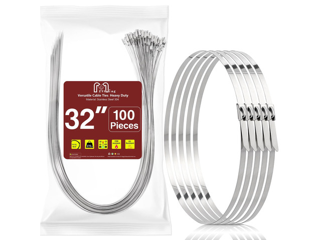 32inch Stainless Steel Zip Ties 100 Pack Metal Cable Ties Heavy Duty Self-locking Wire Ties High Temp Zipties Chain Link fence Ties Multi Purpose...