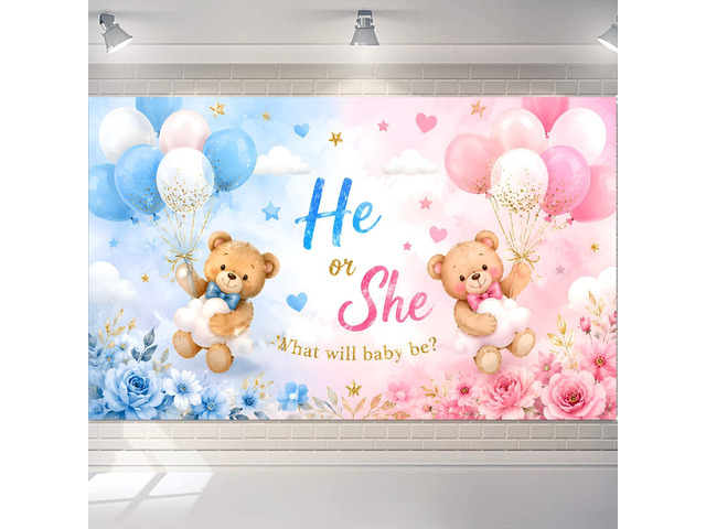 Gender Reveal Backdrop, He or She Teddy Bear Banner, 72 x 43 Inches Polyester fabric, 4 brass grommets, pink and blue teddy bear design for...