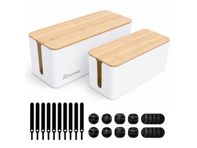 [Set of 2] Large Wood Cover Cable Management Box Set with Cable Sleeve Wire Ties Included to Organize Desk Cord Cables, Hide TV Computer Wires, USB...