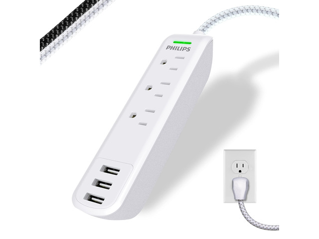 Surge Protector Power Strip, 3 Outlet Surge Protector, 6Ft Cord Power Strip, Surge Protector with USB Ports, 3-Prong Flat Plug Power Strip, 360J...