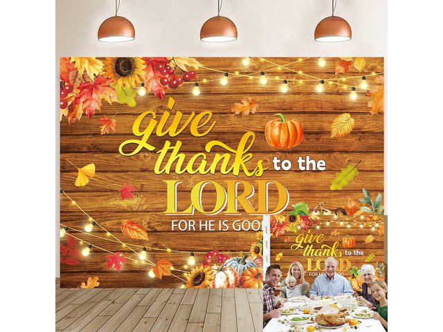 Thanksgiving Christian Backdrop Fall Harvest Give Thanks to The Lord Religious Wooden Background Autumn Pumpkins Friendsgiving Family Party...