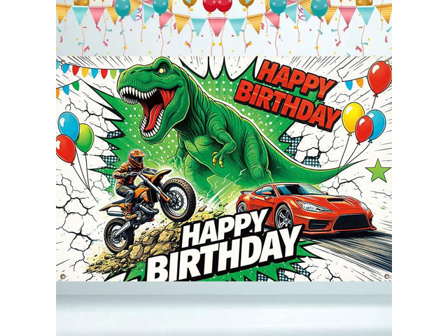 Dinosaur Birthday Decorations Banner 43 x 71 Inches, T Rex Dino Happy Birthday Backdrop for Boys, Racing Car and Motorcycle Party Supplies Indoor...