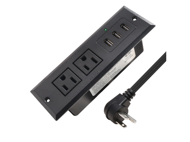 Desktop Recessed Power Strip with USB Flush Mount Power Socket 2 Outlets 3 USB Ports (15W/3A) Flat Plug Charge Station for Table Cabinet Sofa Counter