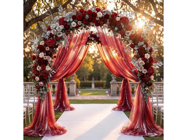 Wedding Arch Draping Fabric 28' x19FT Wine Red Shimmery Sheer Fabric Drapes 2 Panels Arch Backdrop Curtains for Wedding Decor Ceremony Birthday...
