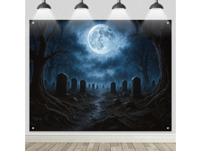 Halloween Backdrop Dark Forest Cemetery 8x6ft Halloween Party Backdrop with Cemetery Tombstones Full Moon Twisted Trees for Indoor Outdoor Photo...