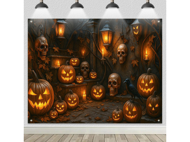 Halloween Lantern Skull Raven Backdrop Banner 8x6ft Halloween Party Backdrop with Glowing Lanterns Skulls Raven for Indoor Outdoor Wall Decor and...