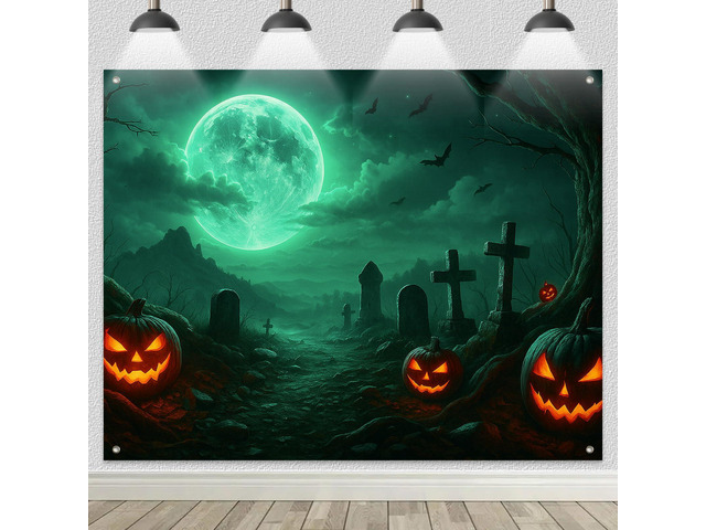 Halloween Backdrop Pumpkin Moon Scene 8x6ft Halloween Party Backdrop with Cemetery Pumpkins Lanterns Full Moon Ghosts for Indoor Outdoor Photo...