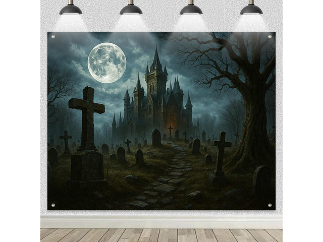 Halloween Backdrop Haunted Castle Cemetery 8x6ft Halloween Party Backdrop with Haunted Castle Cemetery Full Moon Tombstones Dead Tree Pathway for...