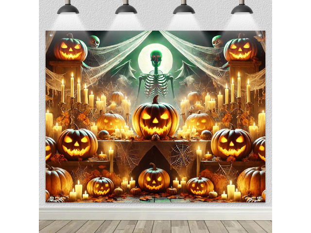Halloween Backdrop Pumpkin Skeleton Moon Scene 8x6ft Halloween Party Backdrop with Pumpkin Skeleton Bats for Indoor Outdoor Photo Booth and Wall...
