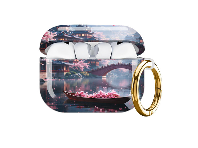 Hard Protective Case for AirPod Pro 3, Shockproof Durable Shell with Keychain, Cute Stylish Design(Cherry Blossom Bridge Temple Lake Boat Spring)
