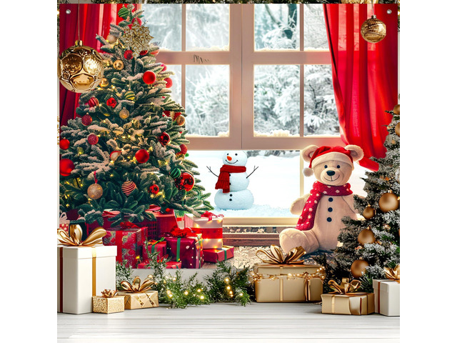 Christmas Tree and Teddy Bear Backdrop 8x6ft Merry Christmas Backdrop with Christmas Tree Teddy Bear Snowman for Indoor Outdoor Holiday Party...