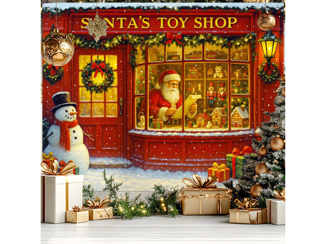 Santa Toy Shop Christmas Backdrop 8x6ft Merry Christmas Backdrop with Santa Claus Snowman Gifts for Indoor Outdoor Holiday Party Decoration