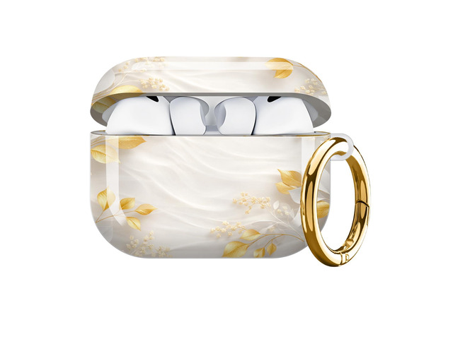 Hard Protective Case for AirPod Pro 3, Shockproof Durable Shell with Keychain, Cute Stylish Design(Golden Leaves White Flowers Elegant)