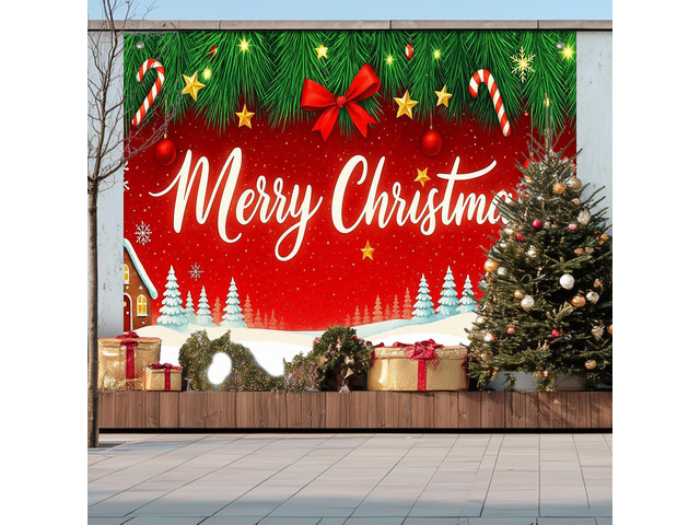 Red Christmas Tree Snowflake Backdrop Banner 8x6ft Merry Christmas Backdrop with Pine Tree Snowflakes Stars Candy Canes for Indoor Outdoor Winter...