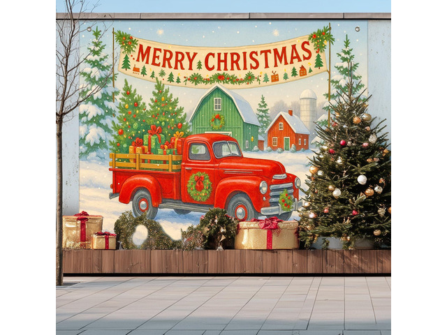 Red Truck Winter Christmas Backdrop 8x6ft Merry Christmas Backdrop with Red Truck Farmhouse Barn Gift Boxes for Indoor Outdoor Holiday Party...