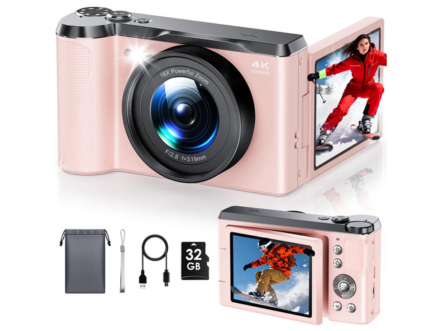 4K Digital Camera for Photography, Autofocus 56MP Vlogging Camera with 32GB SD Card, 3' 180° Flip Screen Compact Travel Camera for Teens Begnners...