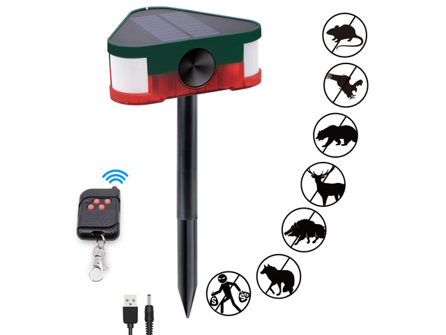 Solar Sound & Light Alarm, 360° Smart Ultrasonic Motion Sensor Alarm with Remote Controller, 3x129db Super Loud Speakers & LED Flashing Light IP65...