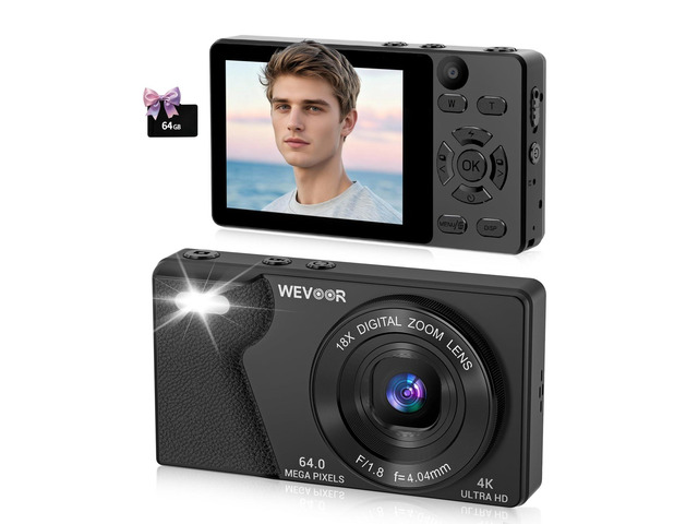 4K Digital Camera for Photography- 64MP Autofocus Vlogging Camera with Dual Lens, 18X Digital Zoom- Small Point and Shoot Camera with Card and...