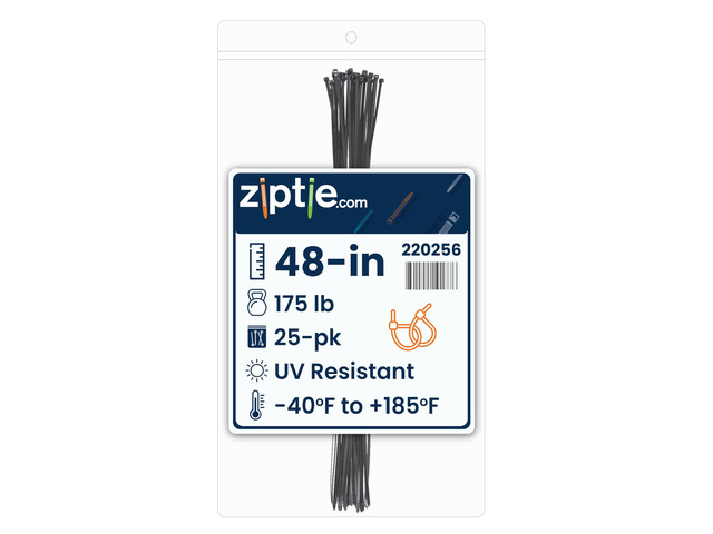 48-inch UV Resistant Black Multi-Purpose Cable Tie, 175-lb Tensile Strength, UL 21S Listed, 25-Pack