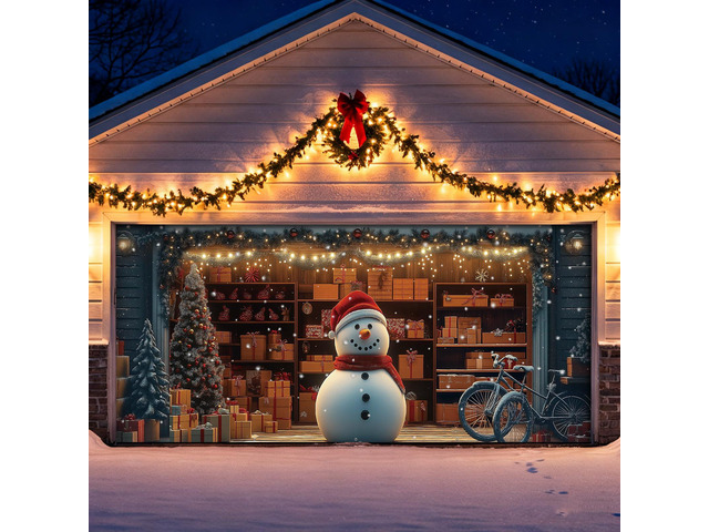 7x16ft Christmas Garage Door Banner Backdrop Decorations 3D Christmas Winter Snowman Snowflake Warehouse Arctic Backdrop Banner Cover Printed...