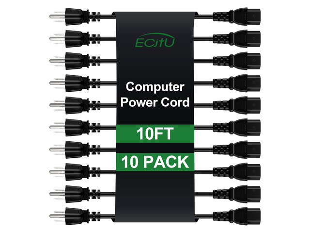10FT Computer Replacement Power Cord (10 Pack), 3 Prong AC Power Cable, NEMA 5-15P to IEC13, 18 AWG, 10A 110V-300V(MAX), AC Power Cord for TV,...