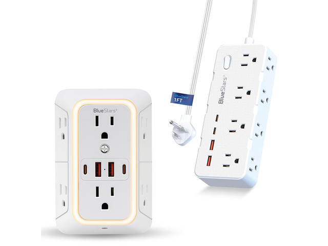 Short Extension Cord 1 Foot 8 AC Outlets and 4 USB Ports and Wall Mount Power Strips with 6 AC Power Outlet 4 USB Ports - for Home Office Dorm...