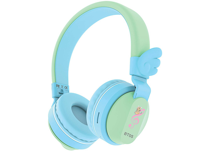 BT05 Bluetooth Kids Headphones Wireless Foldable Headset Over Ear with Volume Limited and Mic/TF Card Compatible for iPad/iPhone/Tablet (Green & Blue)