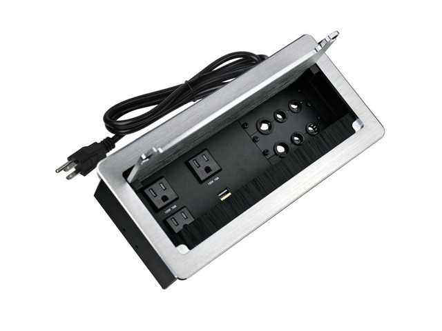 Tabletop Power Multimedia Connectivity Box with 3 AC Power+2 USB-A Charging+6 Cable Management/XLR Grommet Holes with 5.58ft Power Cord for...