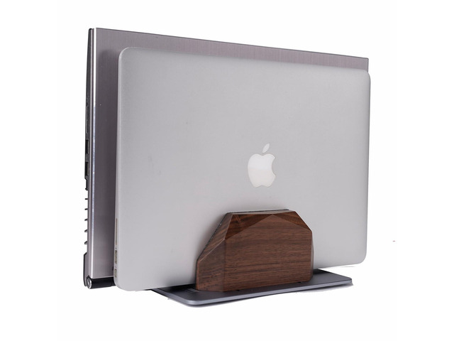 Walnut Vertical Laptop Stand, Dual Slot Wood Laptop Holder for Desk Wooden Width Adjustable for MacBook Pro/Air & Universal Laptops, American...