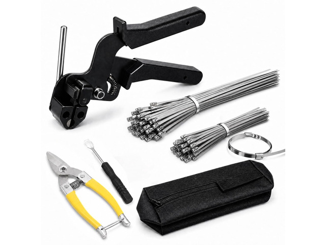 Cable Tie Gun Kit 200PCS 304 Stainless Ties 304 Stainless rustproof ties 200PCS. Tension & smooth-trim tool. Self-locking. For farm, fence, auto...