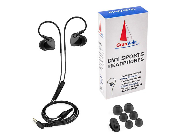 GV1 Wired Sports Earbuds with Mic, Over-Ear Memory Wire Earhook, IPX5 Water-Resistant in-Ear Headphones, One-Button Call Control, 3.5mm Running Gym...