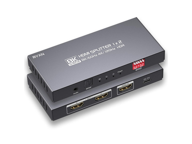 8K HDMI Splitter 1 in 2 Out 4K@120Hz 8K@60Hz HDMI 2.1 Splitter, Supports Audio Extractor, HDCP 2.3, EDID, HDMI Audio Out, for PS5/PS4, Xbox, Fire...