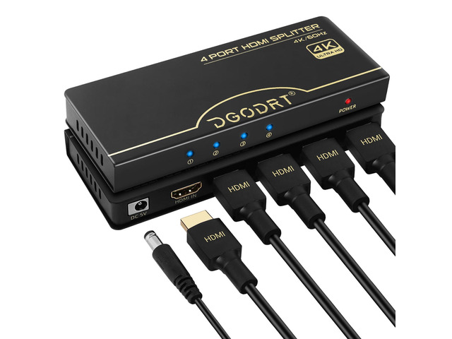 HDMI Splitter 1 in 4 Out 4K@60Hz, 1x4 4 Port HDMI 2.0 Splitter UHD Powered, Support HDCP Bypass, EDID Management, 18Gbps Bandwidth 4-Way Output...