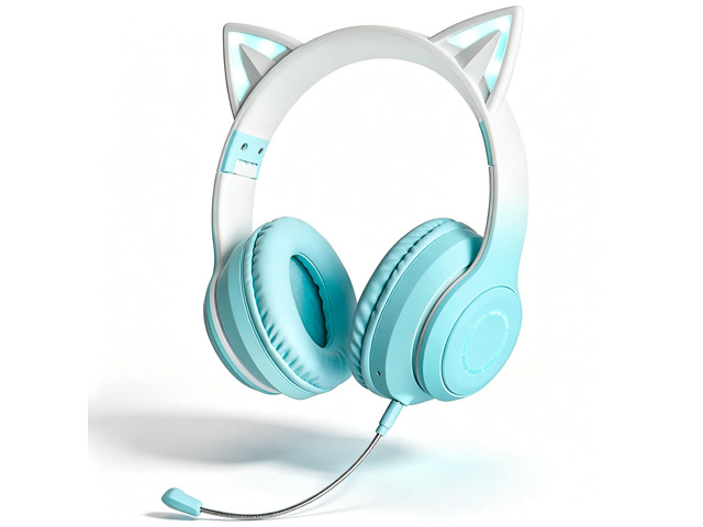 Cute Cat Ear Bluetooth Headphones w/Built-in Mic,Over Ear Wired Headphones with LED Lights, Foldable Wireless Headset with Cat Ear for Traveling,...