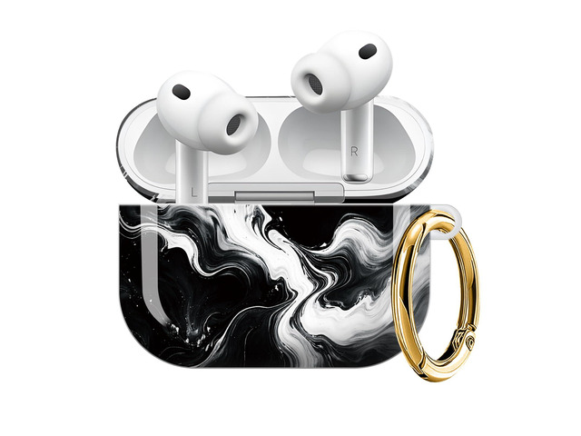 Compatible with AirPod Pro 3 Case (2025), Shockproof Dustproof Protective Cover with Cute Golden Keychain for Women & Girls - Abstract Black White
