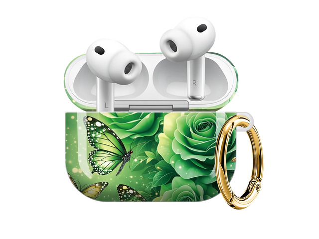 Compatible with AirPod Pro 3 Case (2025), Shockproof Dustproof Protective Cover with Cute Golden Keychain for Women & Girls - Green Rose Butterfly