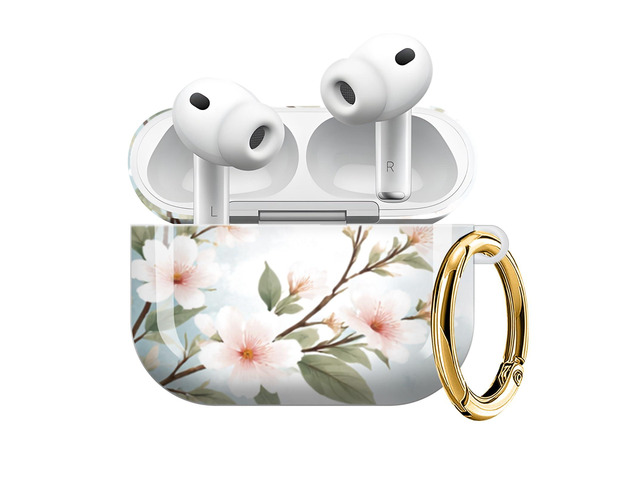 Compatible with AirPod Pro 3 Case (2025), Shockproof Dustproof Protective Cover with Cute Golden Keychain for Women & Girls - Cherry Blossom Sky